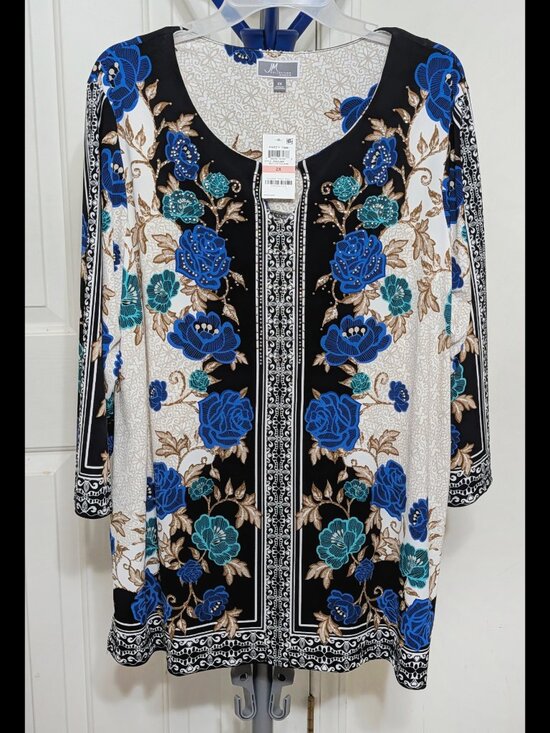 JM Collection Tops - Wow NWT JM COLLECTION 2X Blue & Black Floral Stretch Long Blouse w/ Rhinestones